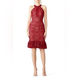 Marchesa Notte Red Lace Flounce Sheath Halter dress